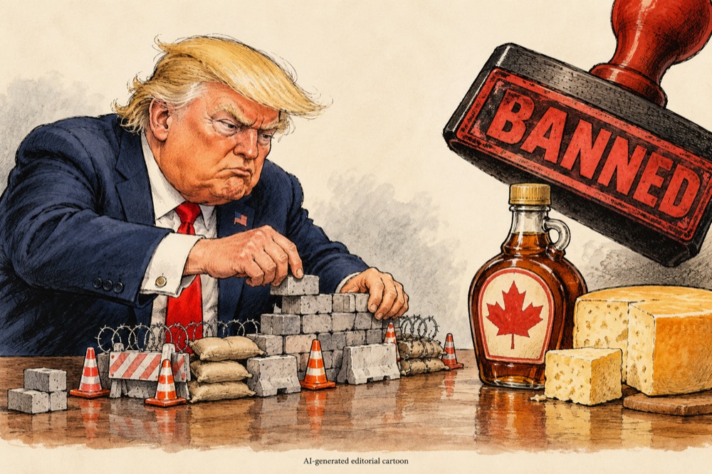 Satirical cartoon of Trump building a miniature barricade against Canadian goods beside an oversized banned stamp.